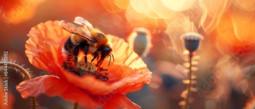 Close-up of a bee pollinating a red poppy flower.