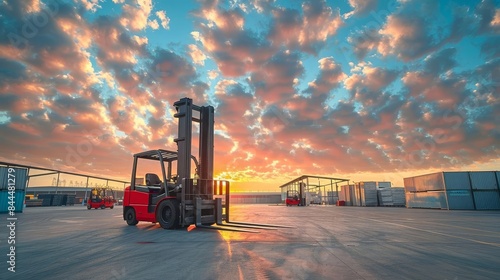 Warehouse yard with forklifts and a breathtaking cloudscape, industrial charm, natural wonder