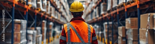 Warehouse worker wearing safety vest and helmet, standing between rows of shelves filled with boxes. Industrial storage and logistics concept.