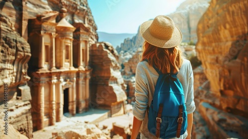 Woman with a backpack explores the ancient city of Petra, Jordan. Travel, adventure, and history in breathtaking desert surroundings.