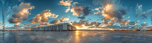 Timelapse of clouds moving over a vast warehouse, changing weather, continuous operation