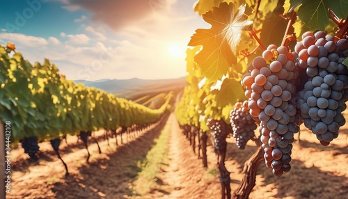 A beautiful vineyard scene bathed in sunlight, featuring ripe clusters of grapes hanging from the vines. 
