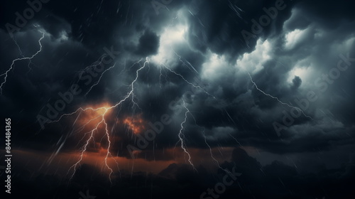 A dramatic thunderstorm brings with it lightning strikes under a dark and cloudy sky