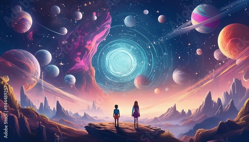 Children stand on a rocky outcrop, gazing in awe at a cosmic landscape filled with colorful planets, swirling galaxies, and distant stars. 