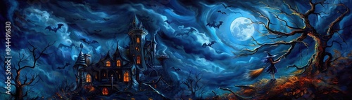 A spooky night scene with a haunted house, full moon, flying bats, and twisted trees set against a swirling blue sky.