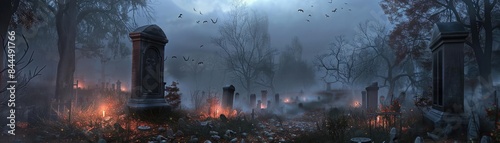 Eerie misty graveyard scene with tombstones, trees, and an ominous atmosphere at dusk, perfect for spooky and Halloween-themed use.