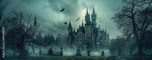 Eerie Gothic castle surrounded by a dark, misty forest with bats flying under a full moon creating a haunted and spooky atmosphere.