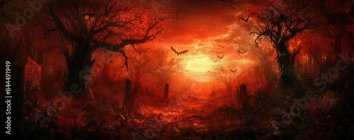 Eerie red-hued forest with dark twisted trees, flying bats, and a hauntingly glowing sky. Perfect for Halloween themes and spooky atmospheres.
