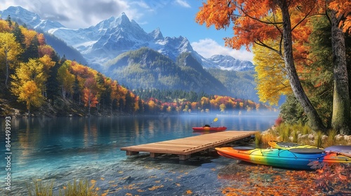 A picturesque mountain lake framed by towering peaks and dense forests ablaze with autumn foliage, with a wooden pier jutting out into the crystal-clear water and colorful kayaks resting on the shore.