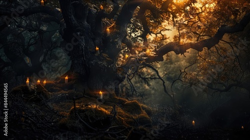Mysterious ancient tree illuminated by warm candlelight in a dark, enchanted forest, evoking a sense of magic and wonder.