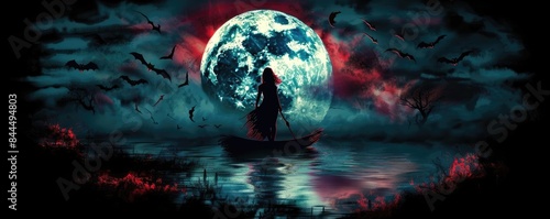 A haunting silhouette on a boat under a full moon with eerie red clouds and flying bats, creating a mysterious and dark atmosphere.