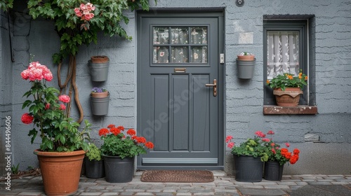Gray front door with small square decorative windows and flower pots in front of it