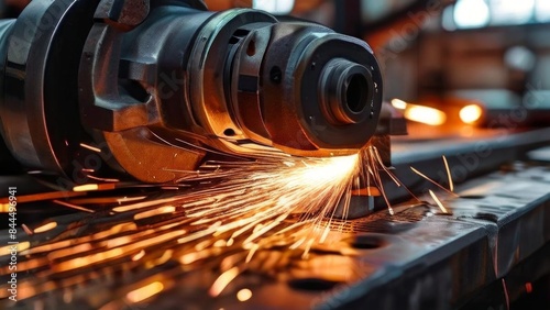 A close-up of a metalworking process. A metal part is being machined or ground, resulting in bright orange sparks. This dynamic scene reflects industrial production and precision machining of parts.
