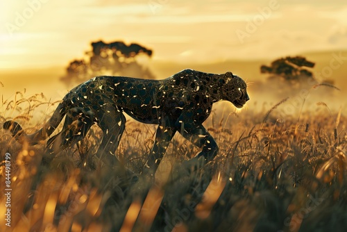 Capture a robotic cheetah prowling through a dreamy, impressionistic savannah with a birds eye view angle in photorealistic digital rendering