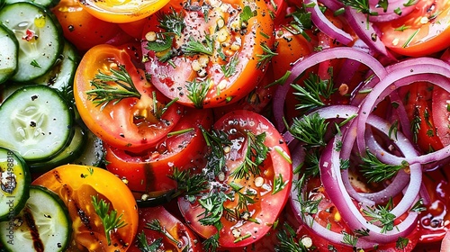  A colorful platter of perfectly sliced tomatoes, cucumbers, onions, and fresh dill, delicately garnished with fragrant herbs