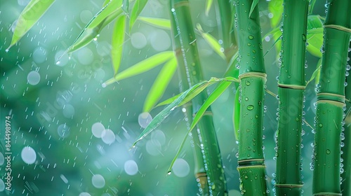Close-up of lush green bamboo stems with dewdrops against a blurred natural background, evoking a sense of tranquility and freshness.