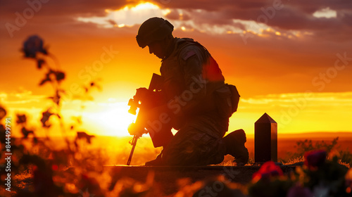 Silhouetted Soldier Kneeling in Field at Sunset Reflective Moment with Dog Tags Military Service and Sacrifice Conceptual Image