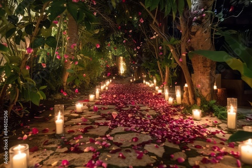 A pathway strewn with falling maroon and pink rose petals leading to a candlelit area for a proposal or intimate gathering