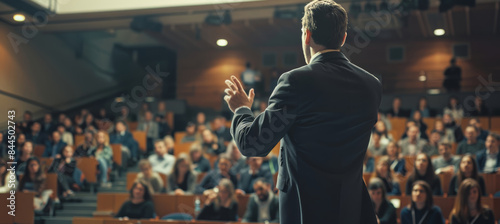 A speaker in a suit addresses an audience during a conference presentation in a large lecture hall