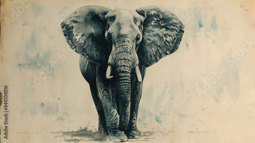 An elephant is depicted in black and white, complete with tusks adorning its head