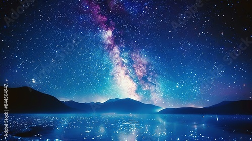  A vast expanse of water beneath a star-studded night sky, illuminated by a vibrant purple and blue starry sky