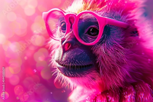 a monkey wearing pink glasses and a pink background