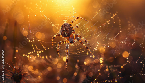 a beautiful spider in her web, golden hour, bokeh