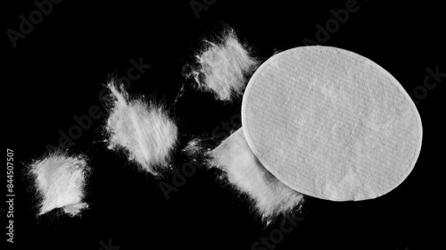 Torn absorbent cotton wool pads, swabs, ellipse wadding isolated on black, top view 