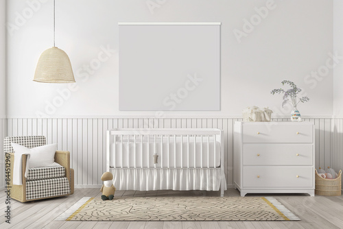 baby crib in a room, A child nursery room featuring a poster mockup on a white interior background. 