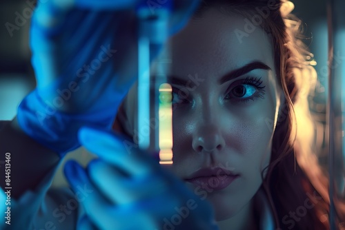 Female scientist analyzing liquid in a lab. Close-up of focused woman wearing gloves holding test tube. Dark, moody colors emphasize precision and scientific research. Conceptual image for scientific