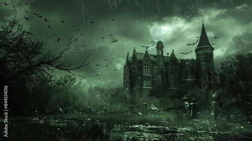 Haunted Gothic mansion in eerie, dark landscape with stormy sky. Perfect for horror, mystery, and Halloween-themed projects.