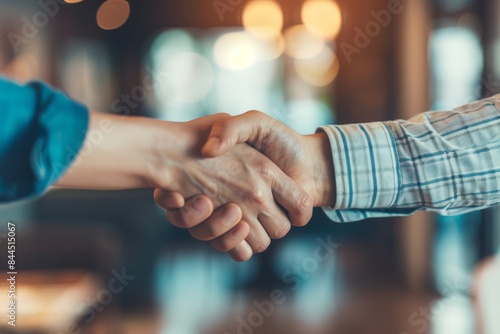 A close-up image of two people shaking hands, capturing the moment of connection and agreement