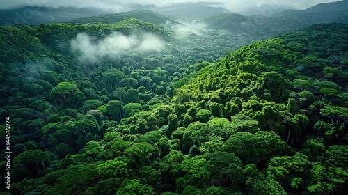 Aerial view of lush green rainforest with mist hovering over the canopy and mountains in the background.