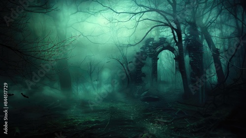 Eerie foggy forest with twisted trees and stone archway, creating a haunting, mysterious, and atmospheric scene.