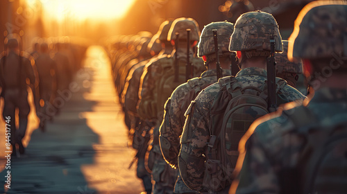 A line of soldiers in camouflage gear marching towards a beautiful sunset, showcasing unity, discipline, and the essence of military life.