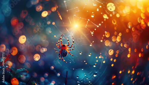 a beautiful spider in her web, golden hour, bokeh