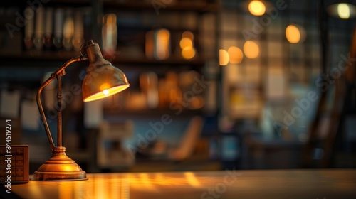 The golden glow of a lone desk lamp shines in a blurred background of shelves and cabinets signaling the end of a long day at the office. .