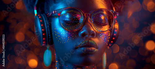 African Woman Wearing Headphones Enjoying Music Beats Feeling Emotions in Vibrant Color Pulse Colorful Dynamic Sound Vibes and Abstract Digital Light Effects on Black Background