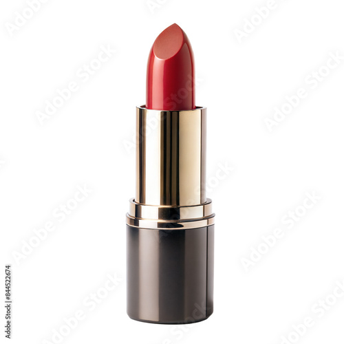 Red lipstick with golden case on transparent background