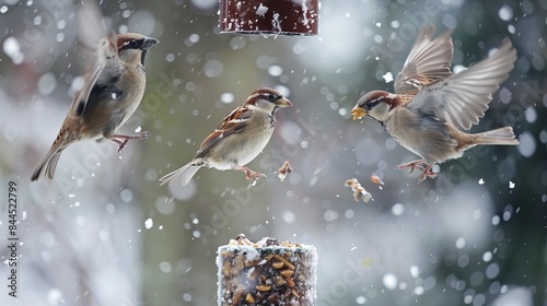 Sparrows flew to a bird feeder in a snowy garden. They were hungry and looking for food.