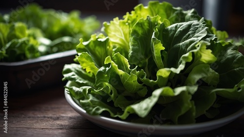Fresh green lettuce salad closeup Seasonal vegetables and summer diet concept.