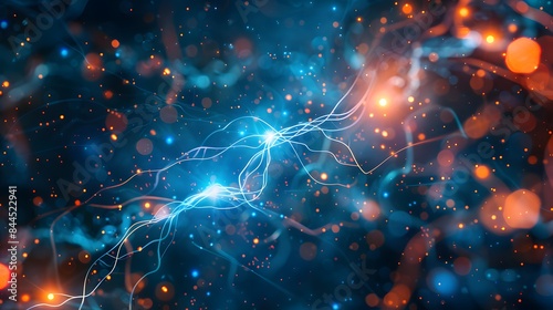 A closeup of an active neurons or cells in the brain, showing connections and signs of activity, representing mental health and nervous system.