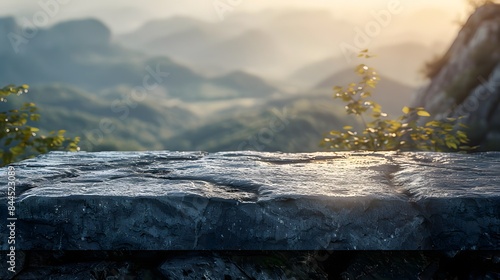 A closeup of an empty podium on top of the mountain, with a blurred background featuring a beautiful scenery of green mountains and sky at sunrise.