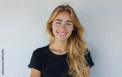 A young woman with long, blonde hair is smiling at the camera. She is wearing a black T-shirt and standing against a white wall