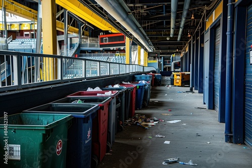 A behind the scenes look at the stadiums waste management system including recycling bins and trash compactors