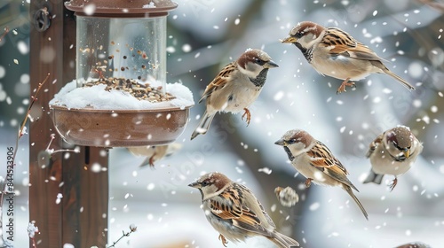 Sparrows flew to a bird feeder in a snowy garden. They were hungry and looking for food.