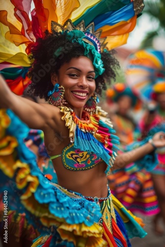 a woman in colorful costume dancing at a carnival