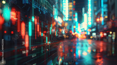 A vibrant, futuristic cityscape at night with digital stock market graphs and candlestick charts overlaid on a blurred background of neon-lit streets and skyscrapers