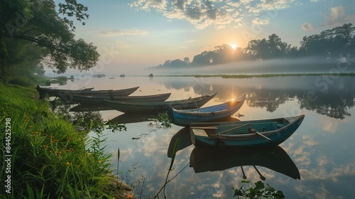 Tranquil sunrise at a riverfront, with serene boats docked along the banks.