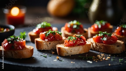 Traditional Italian appetizer Bruschettas bread with chopped tomato and dried seasoning.